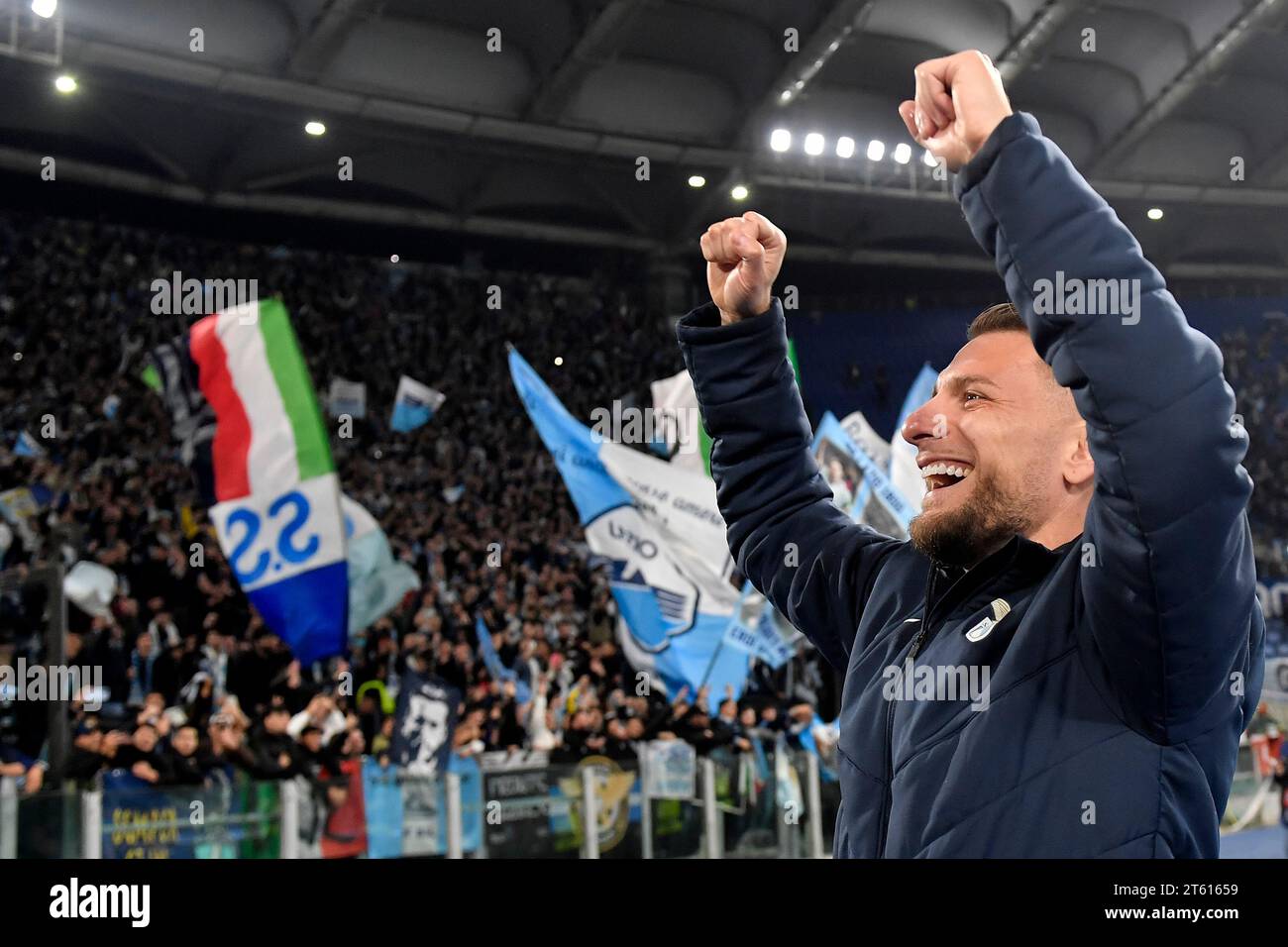 Rome, Italy. 07th Nov, 2023. Ciro Immobile of SS Lazio celebrates at the end of the Champions League Group E football match between SS Lazio and Feyenoord at Olimpico stadium in Rome (Italy), November 7th, 2023. Credit: Insidefoto di andrea staccioli/Alamy Live News Stock Photo