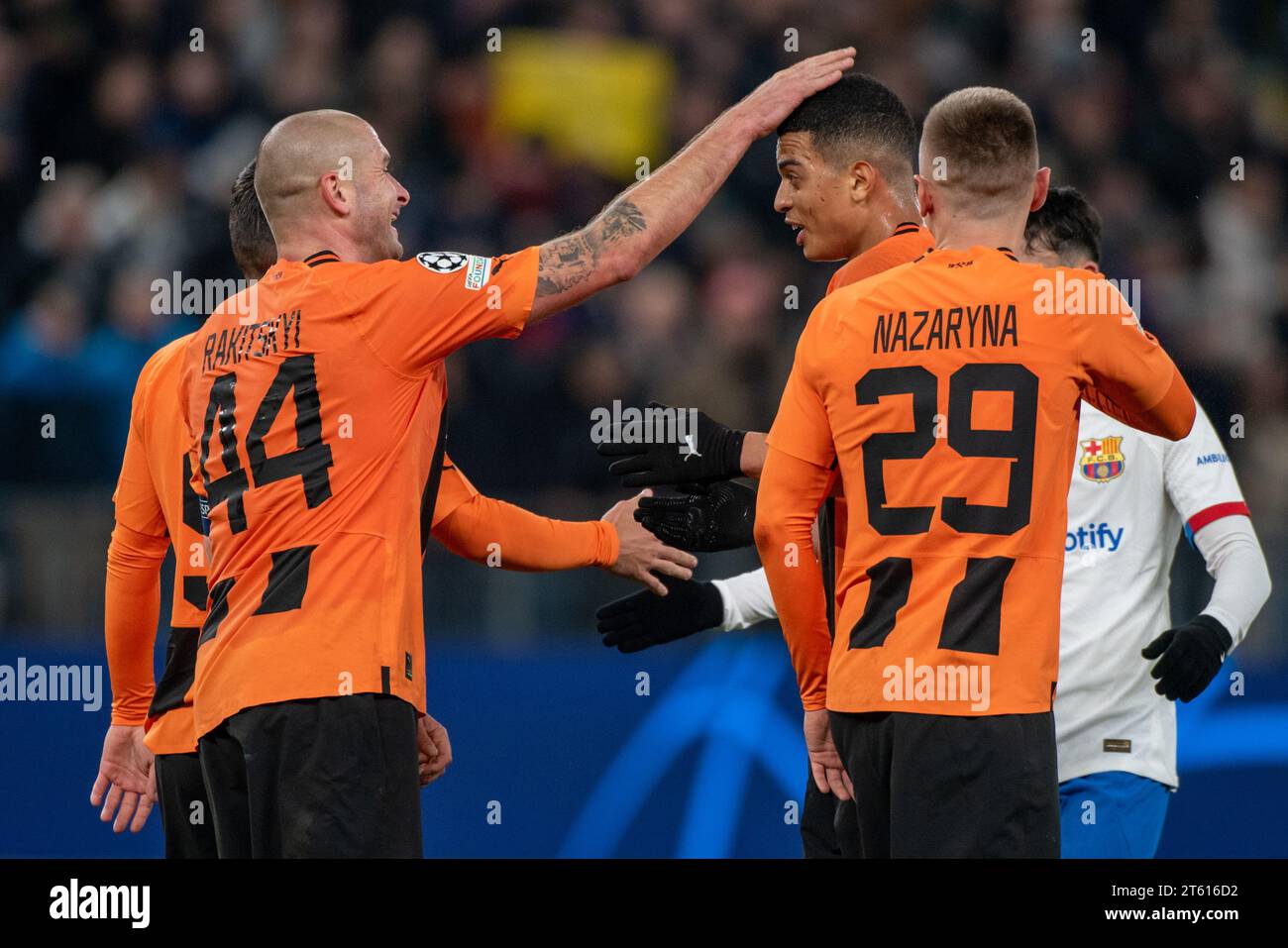 Shakhtar players celebrate during the UEFA Champions League Group H match between Shakhtar Donetsk and FC Barcelona at Volksparkstadion in Hamburg, Germany on November 7, 2023 (Photo by Andrew SURMA/ SIPA USA). Stock Photo