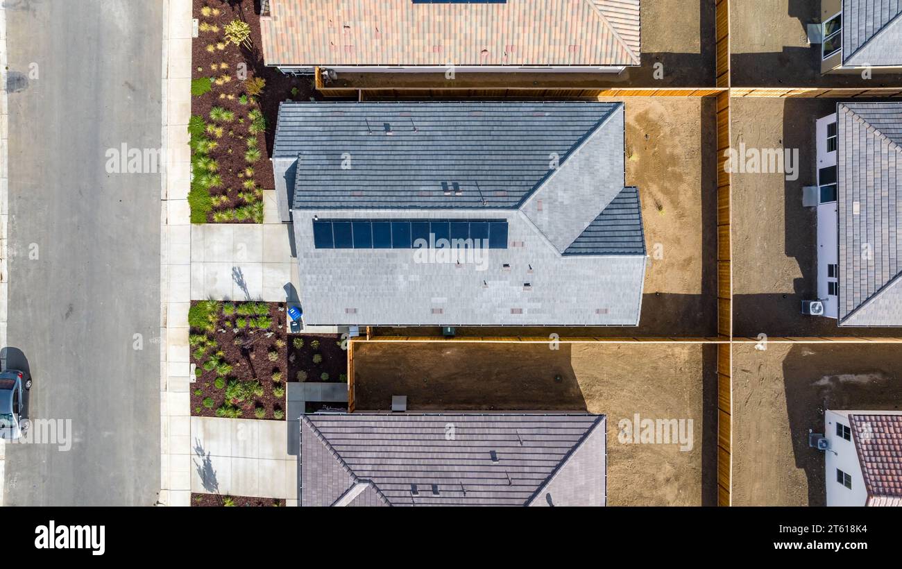 Aerial images over a housing development in Oakley, California. Houses ...