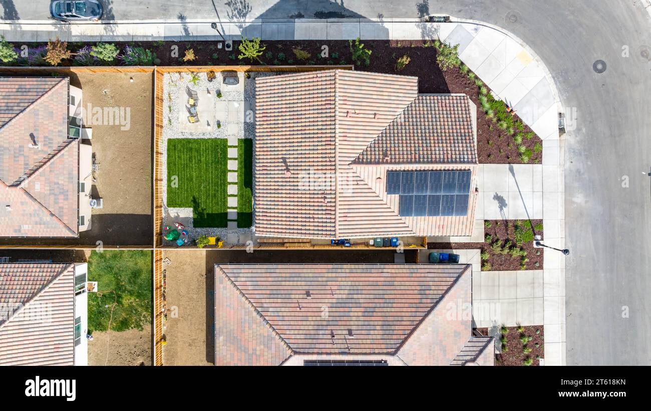 Aerial images over a housing development in Oakley, California. Houses ...