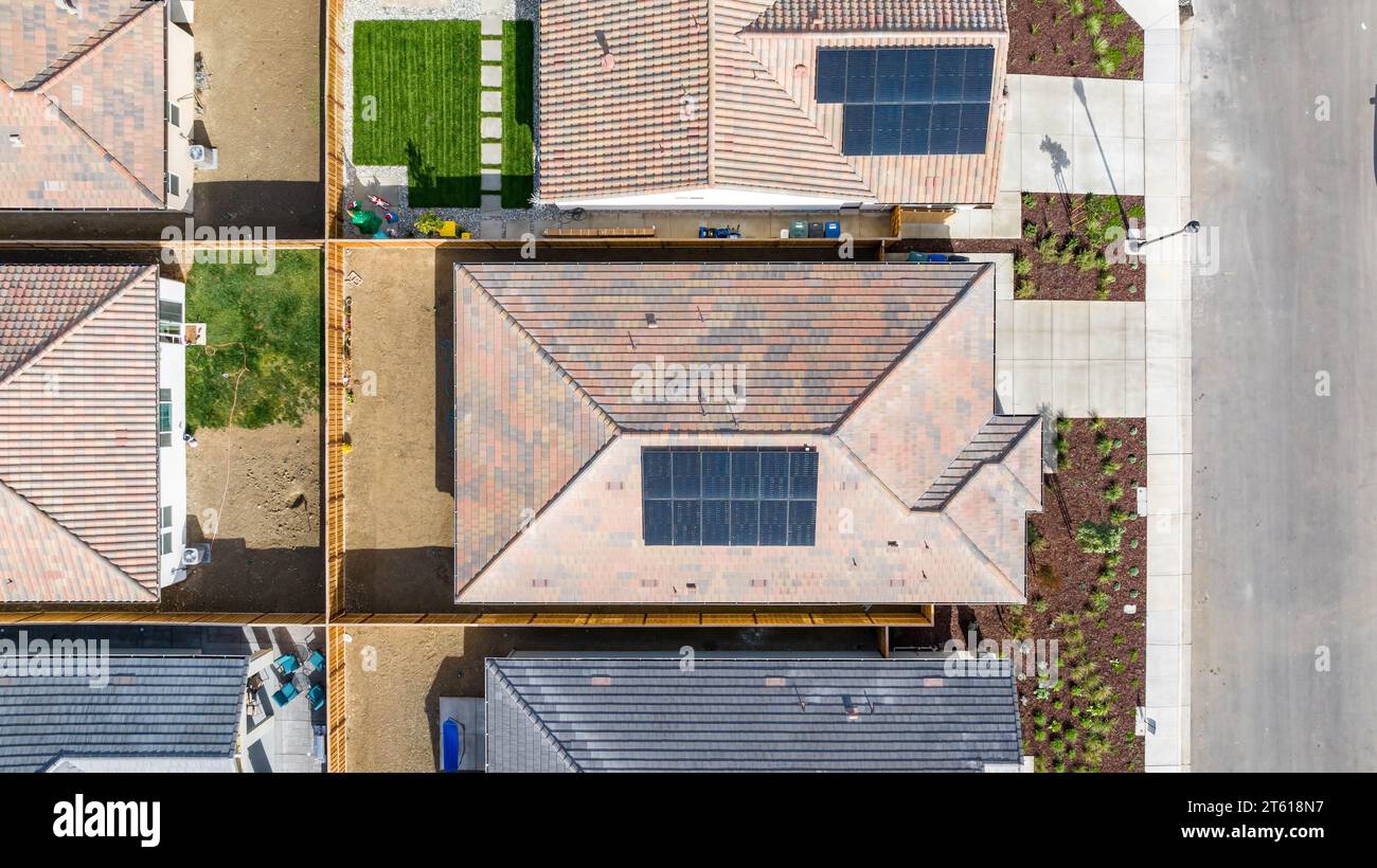 Aerial images over a housing development in Oakley, California. Houses