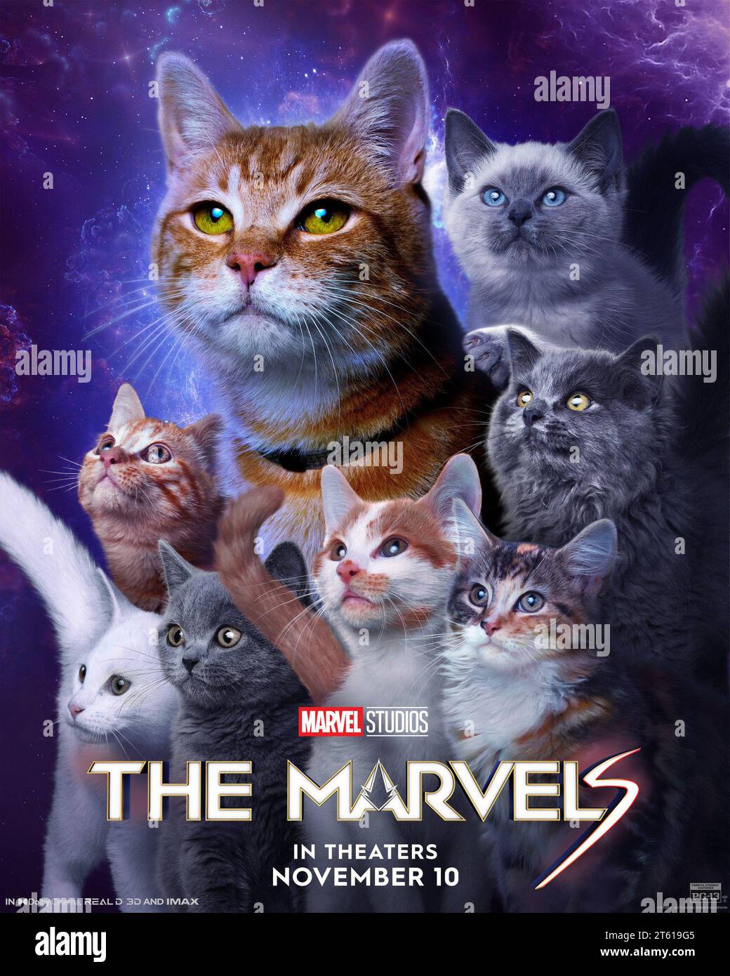 THE MARVELS, (aka CAPTAIN MARVEL 2), US advance poster, Goose the Flerken (top), with Flerkens, 2023. © Marvel / © Walt Disney Studios Motion Pictures / Courtesy Everett Collection Stock Photo