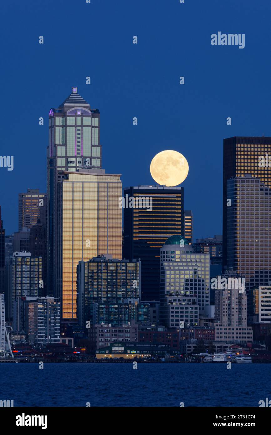 Seattle, WA, USA - October 28, 2023; Hunter's Moon rises behind the downtown Seattle skyline Stock Photo