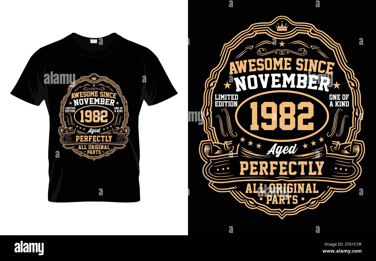 Awesome Since November 1982 Vintage Birthday Gifts T-Shirt Stock Vector