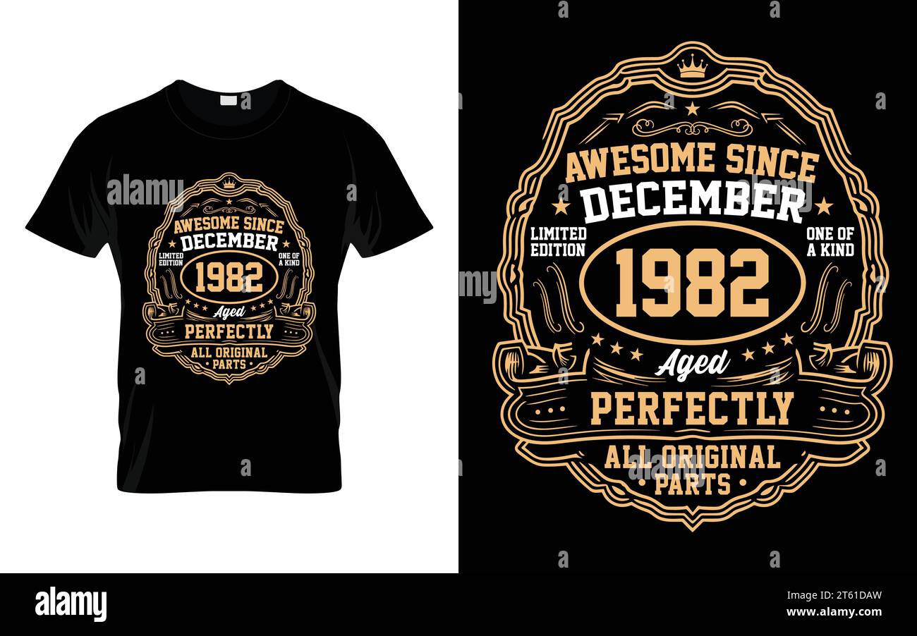 Awesome Since December 1982 Vintage Birthday Gifts T-Shirt Stock Vector