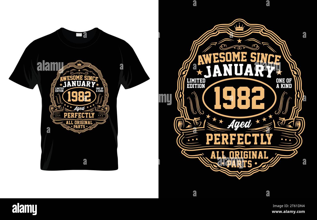 Awesome Since January 1982 Vintage Birthday Gifts T-Shirt Stock Vector