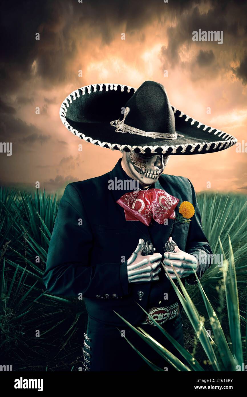 Tokyo, Japan. 1st Nov, 2023. El Catrin wearing a traditional charro suit and hat stands in an agave field. The marigold or cempasuchil flower symbolizes the Day of the Dead celebration. 'El Catrin' is a name used to describe the male counterpart to the female Mexican Day of the Dead persona, La Catrina. (Credit Image: © Rodrigo Reyes Marin/ZUMA Press Wire) EDITORIAL USAGE ONLY! Not for Commercial USAGE! Stock Photo