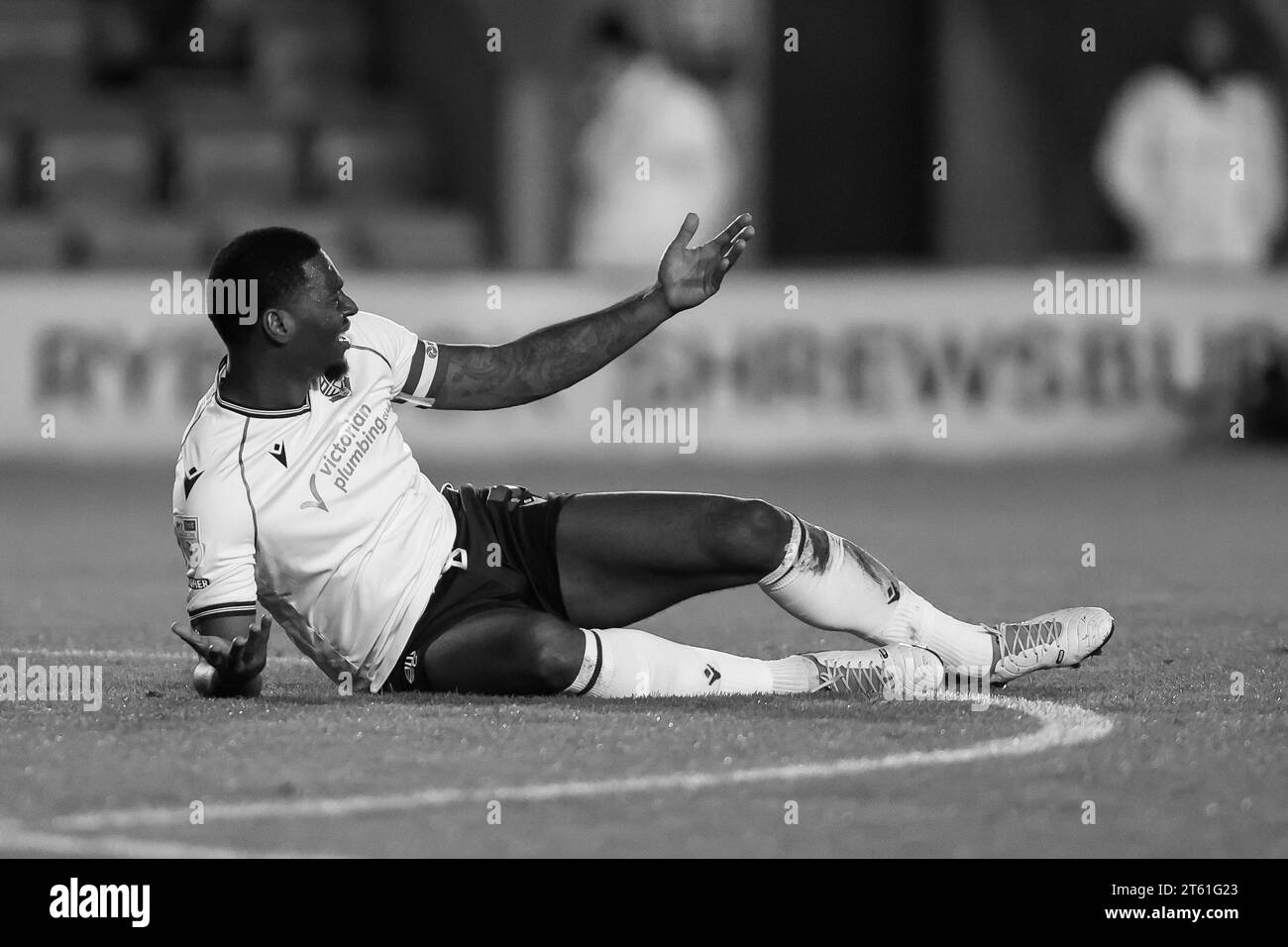 Shrewsbury, UK. 07th Nov, 2023. Bolton's captain, Ricardo Almeida Santos appeals for an off the ball foul taken during the EFL Sky Bet League 1 match between Shrewsbury Town and Bolton Wanderers at Croud Meadow, Shrewsbury, England on 7 November 2023. Photo by Stuart Leggett. Editorial use only, license required for commercial use. No use in betting, games or a single club/league/player publications. Credit: UK Sports Pics Ltd/Alamy Live News Stock Photo