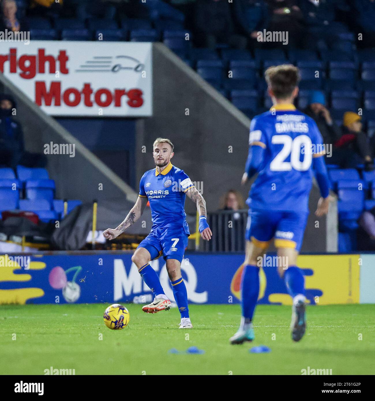 Shrewsbury, UK. 07th Nov, 2023. Shrewsbury's Carl Winchester on the ball taken during the EFL Sky Bet League 1 match between Shrewsbury Town and Bolton Wanderers at Croud Meadow, Shrewsbury, England on 7 November 2023. Photo by Stuart Leggett. Editorial use only, license required for commercial use. No use in betting, games or a single club/league/player publications. Credit: UK Sports Pics Ltd/Alamy Live News Stock Photo