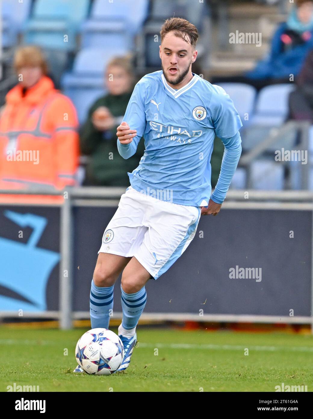 Manchester, UK. 7th November, 2023. Josh Adam of Manchester City on the ball, during the UEFA Youth League, Match Day Four Group G match at the Academy Stadium/ Joie Stadium, Manchester, England. (Credit Image: ©Cody Froggatt/Alamy Live News) Stock Photo