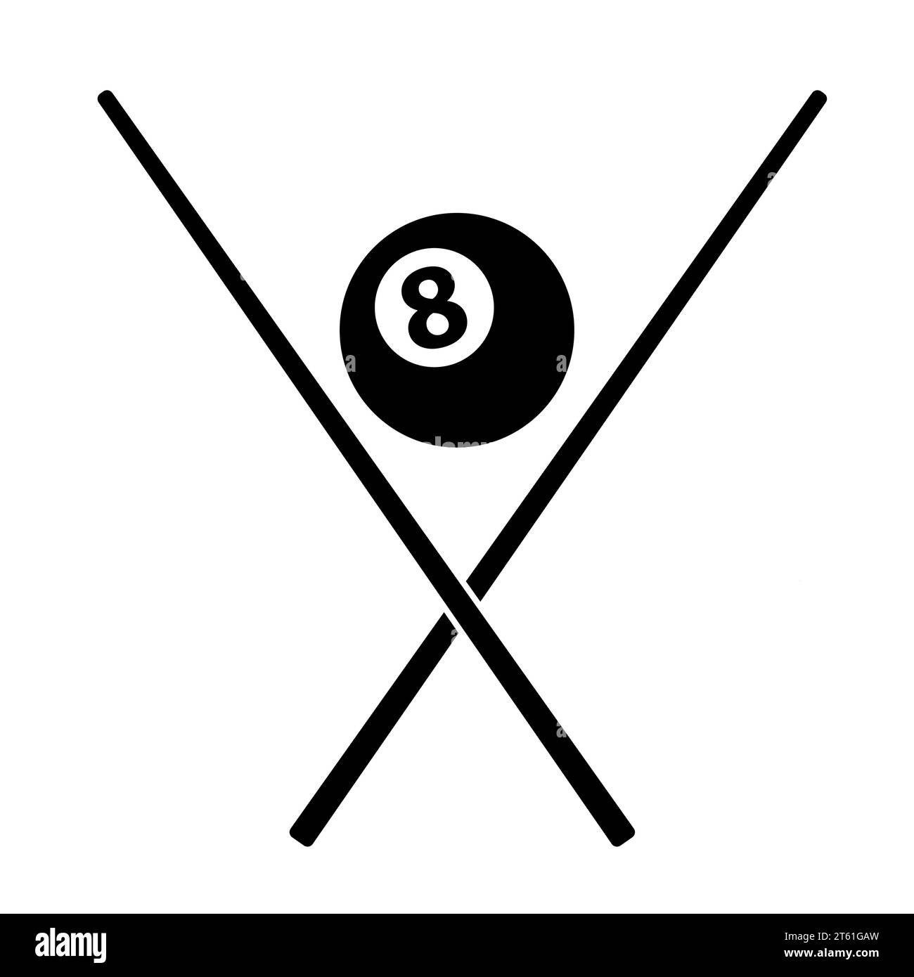 Two crossed cues and a billiard ball number eight. Billiard club emblem. Flat vector illustration isolated on white background. Stock Vector