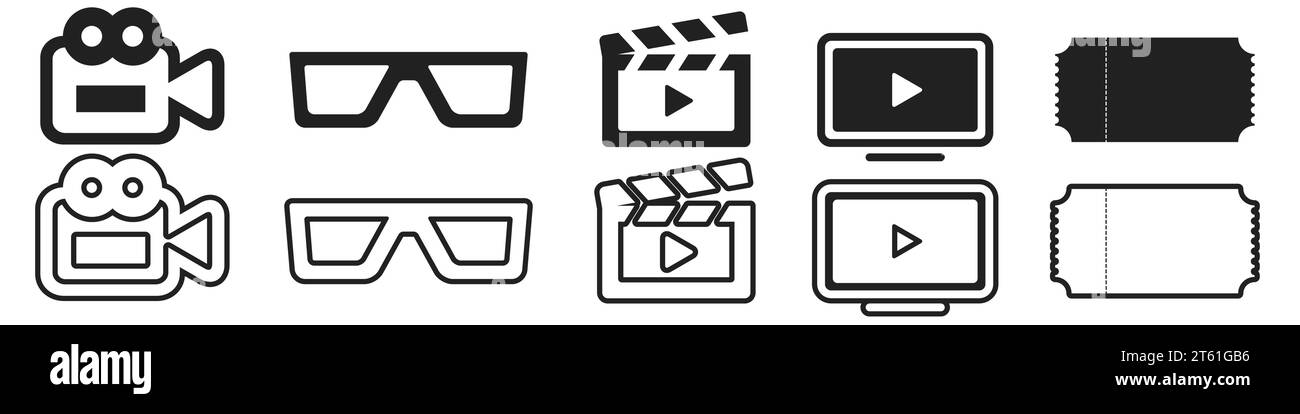 Solid black and line style cinema icon set. Flat vector illustration ...