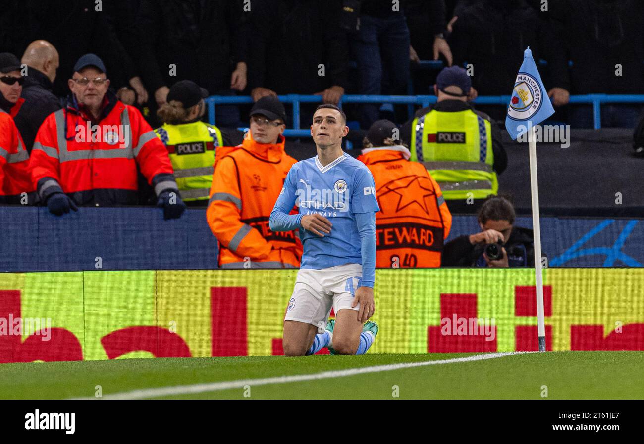 Manchester, UK. 8th Nov, 2023. Manchester City's Phil Foden celebrates after scoring during the UEFA Champions League Group G match between Manchester City FC and BSC Young Boys in Manchester, Britain, on Nov. 7, 2023. Credit: Xinhua/Alamy Live News Stock Photo