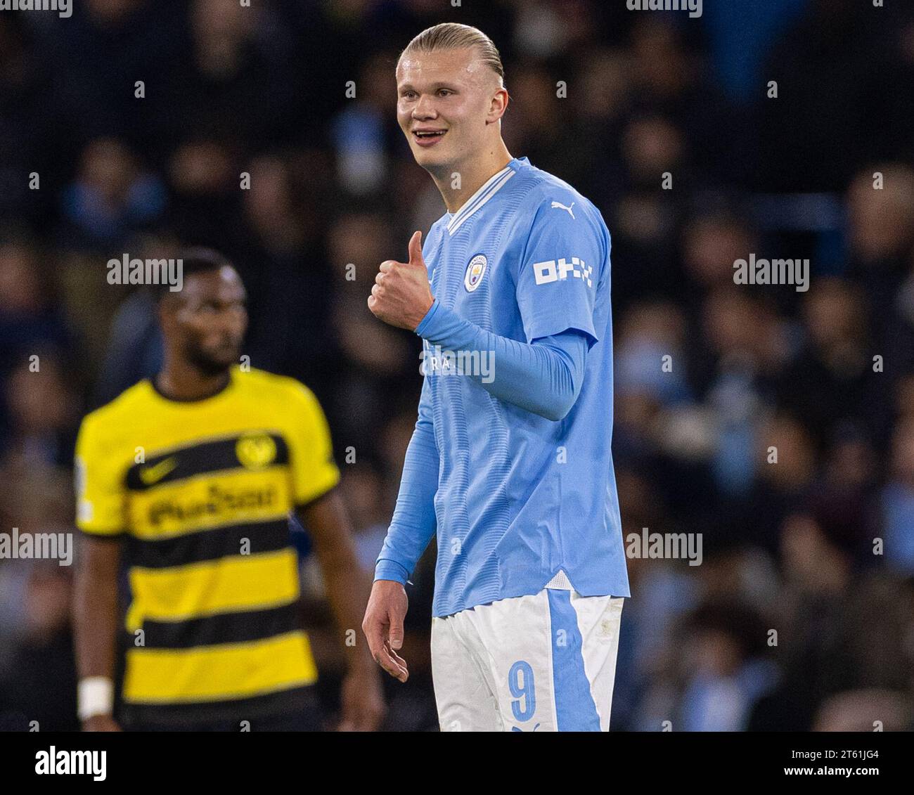 Manchester, UK. 8th Nov, 2023. Manchester City's Erling Haaland celebrates after scoring during the UEFA Champions League Group G match between Manchester City FC and BSC Young Boys in Manchester, Britain, on Nov. 7, 2023. Credit: Xinhua/Alamy Live News Stock Photo