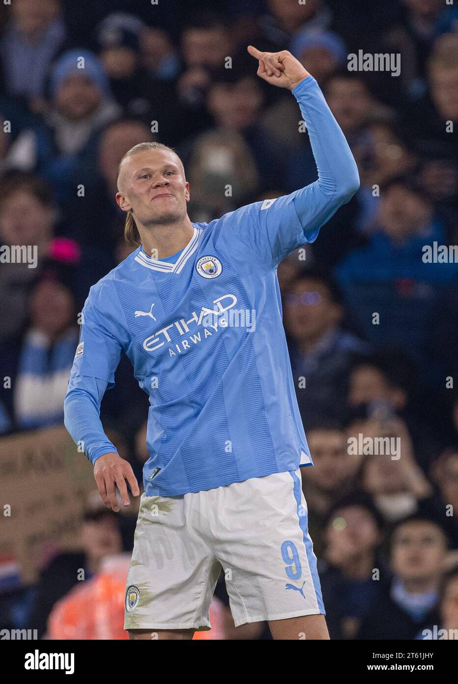 Manchester, UK. 8th Nov, 2023. Manchester City's Erling Haaland celebrates after scoring during the UEFA Champions League Group G match between Manchester City FC and BSC Young Boys in Manchester, Britain, on Nov. 7, 2023. Credit: Xinhua/Alamy Live News Stock Photo