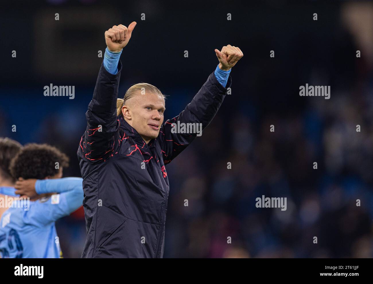 Manchester, UK. 8th Nov, 2023. Manchester City's Erling Haaland celebrates after the UEFA Champions League Group G match between Manchester City FC and BSC Young Boys in Manchester, Britain, on Nov. 7, 2023. Credit: Xinhua/Alamy Live News Stock Photo