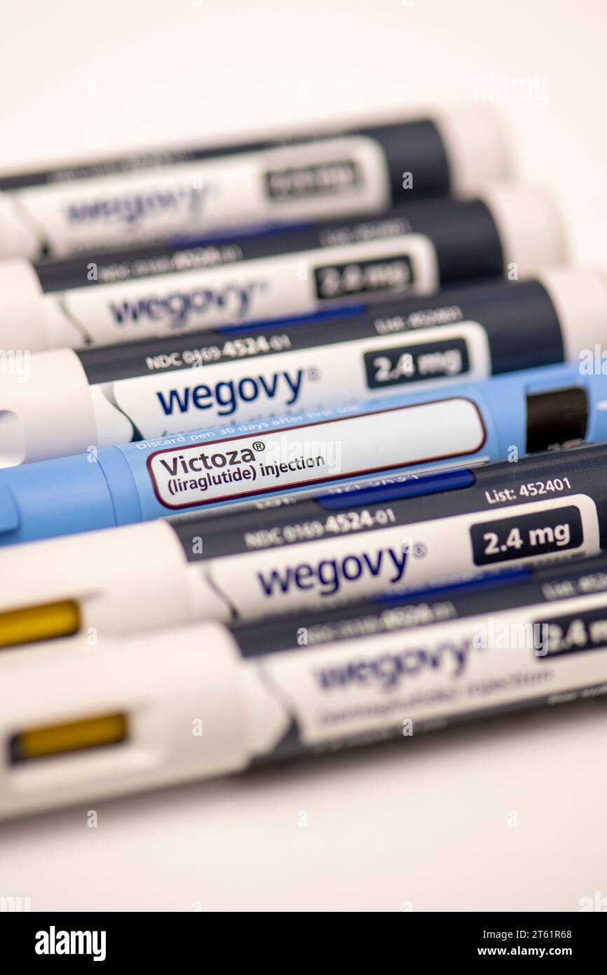 Still life of Victoza and Wegovy. Both are injectable prescription