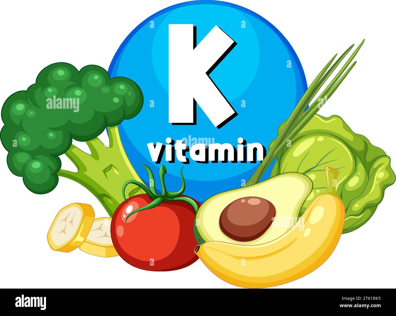 A vector cartoon illustration of a variety of foods rich in Vitamin K