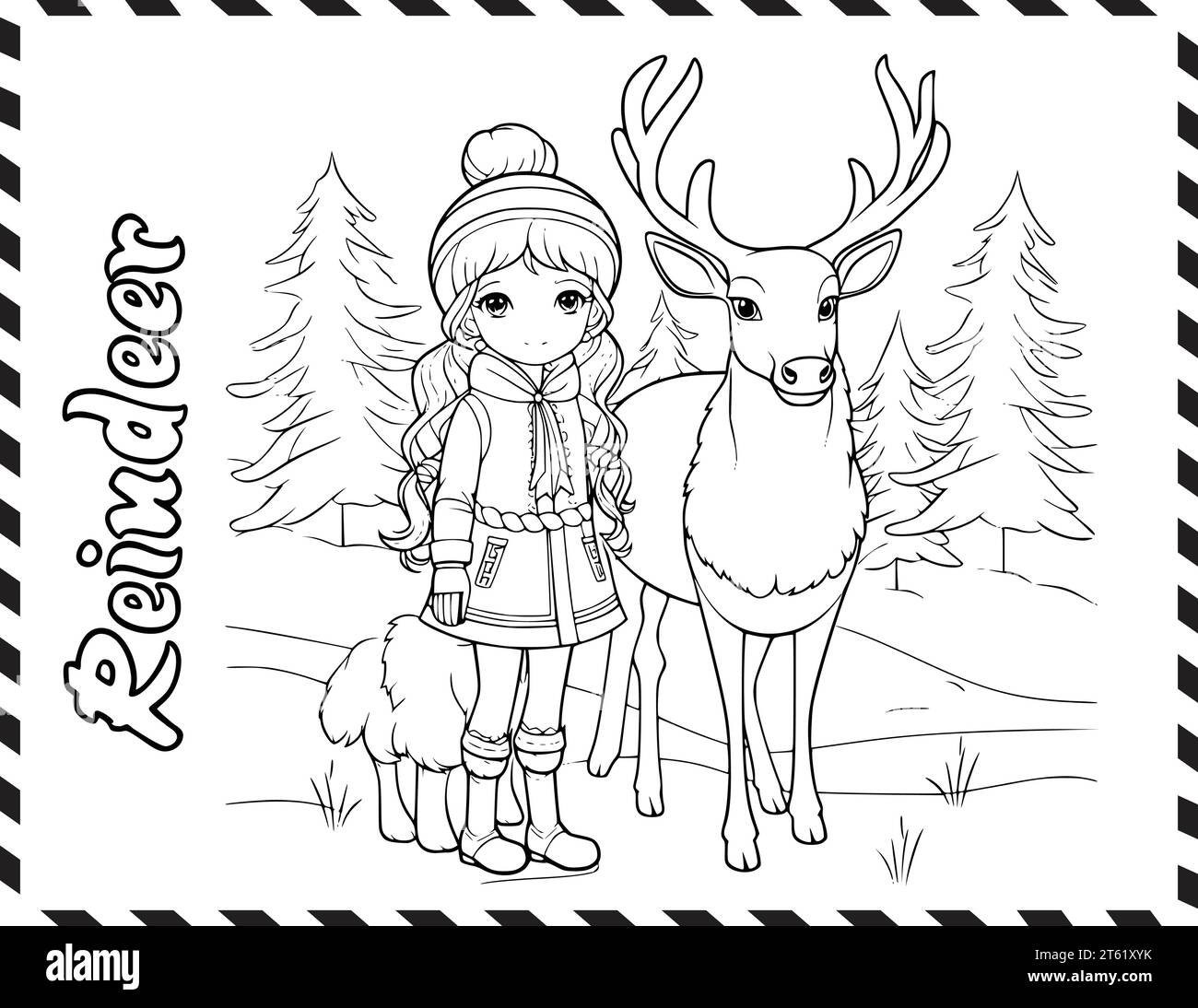 Christmas Girl And Reindeer Coloring Pages Drawing For Kids Stock ...