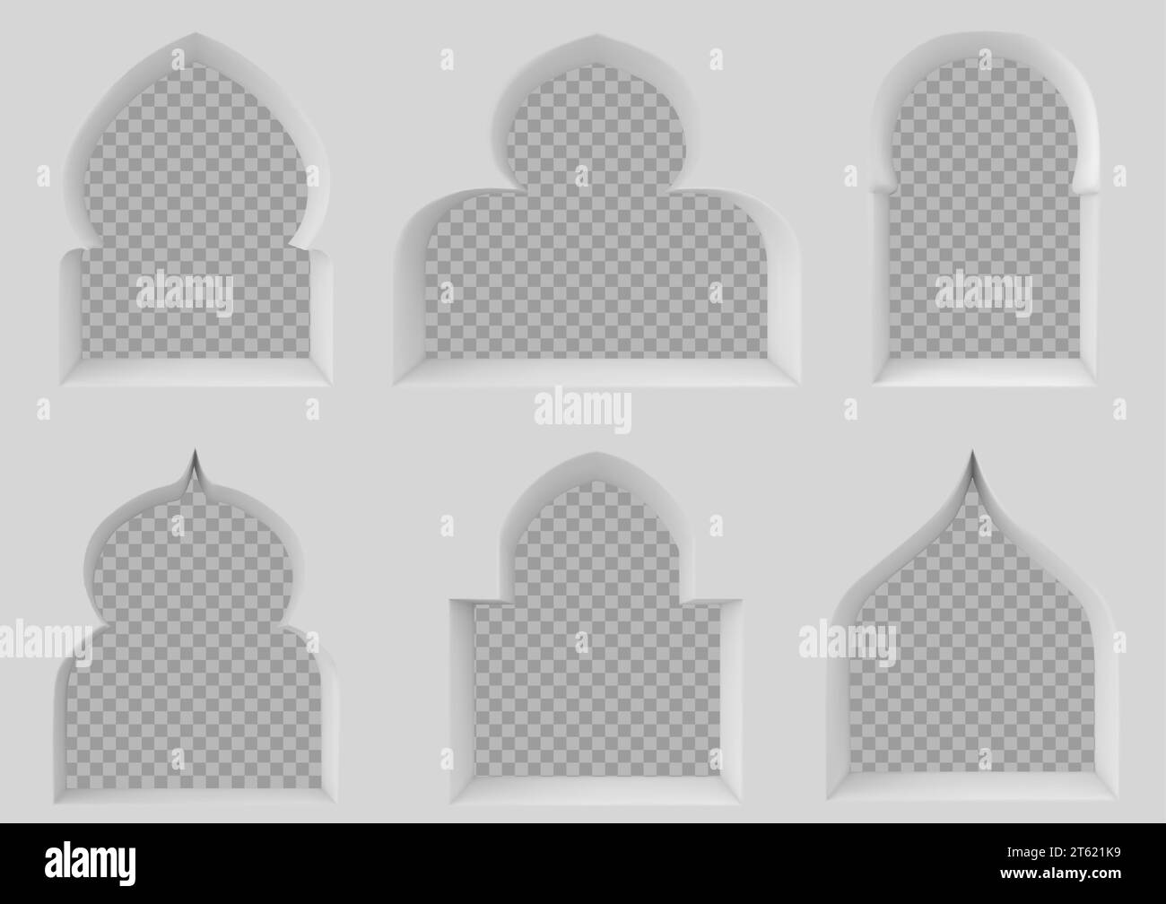Arch window of mosque or muslim building with transparent hole. Realistic vector illustration set of islamic or indian traditional style geometric arc shape frames of door or gate in white wall. Stock Vector