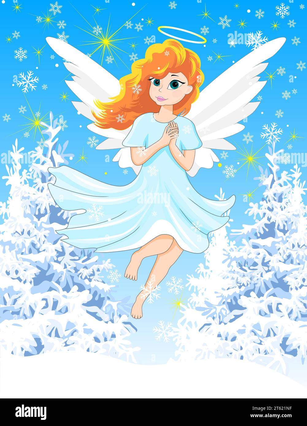 An angel with red hair, dressed in a blue dress, on a winter background. Christmas Eve. Winter snowy night. Stock Vector