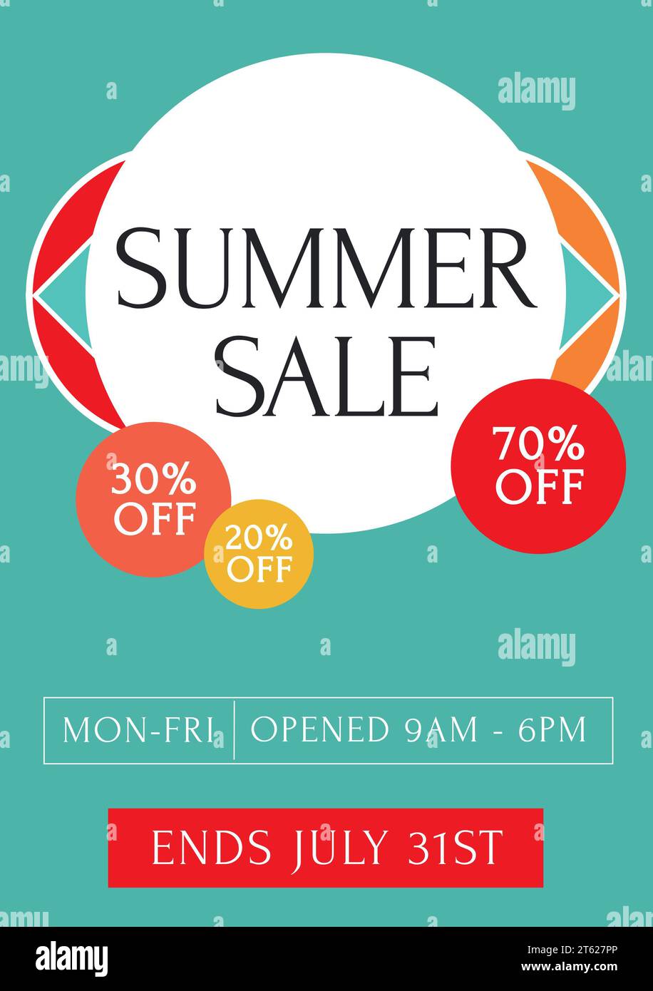 Composite of summer sale 30, 20, 70 percent off text on circle on green background Stock Photo