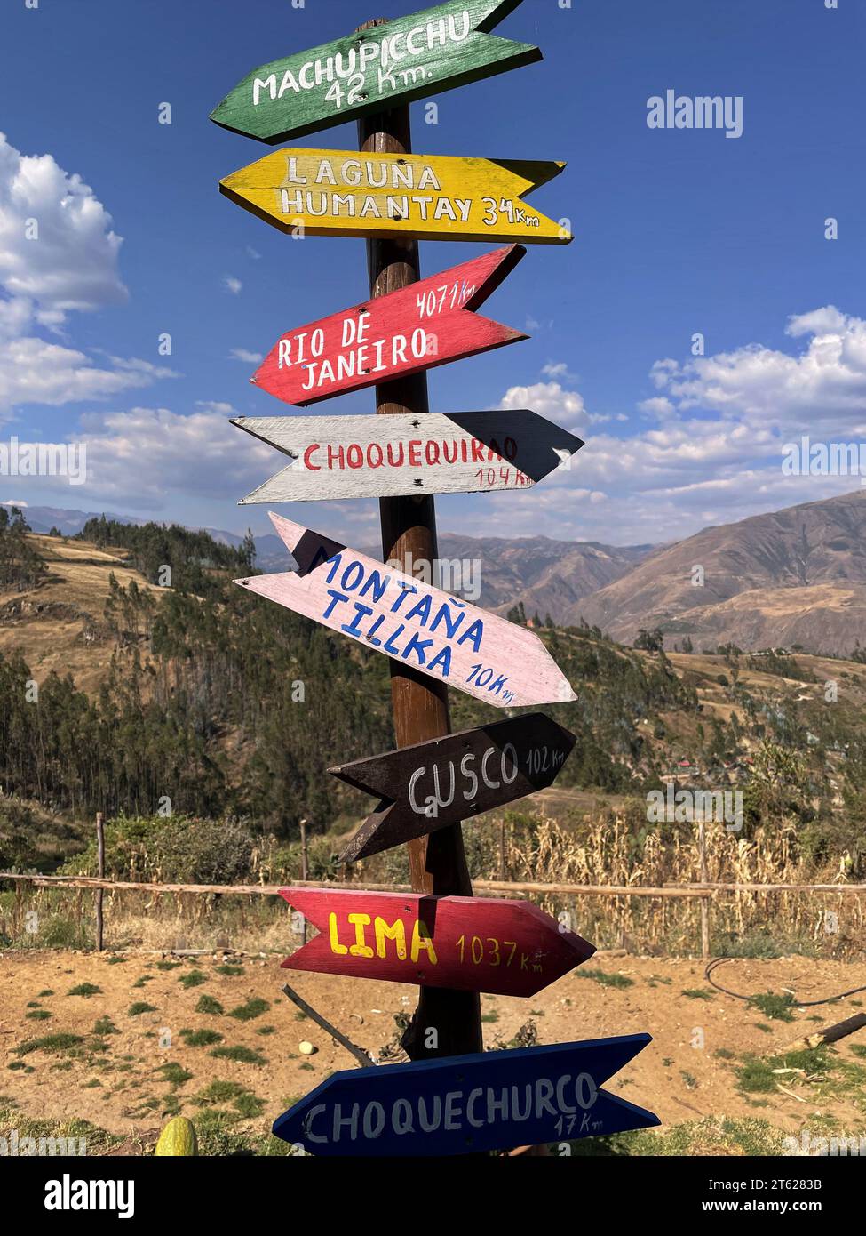 Crossroad signpost showing the way in Andes, Peru Stock Photo