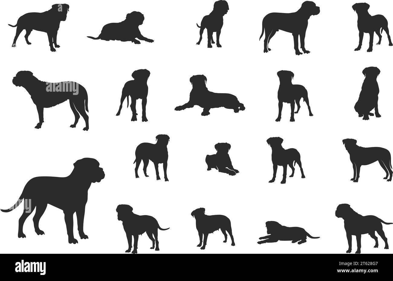 Bullmastiff dog silhouette, Bullmastiff dog svg, Bull mastiff silhouettes, Dog silhouettes, Bullmastiff clip art Stock Vector