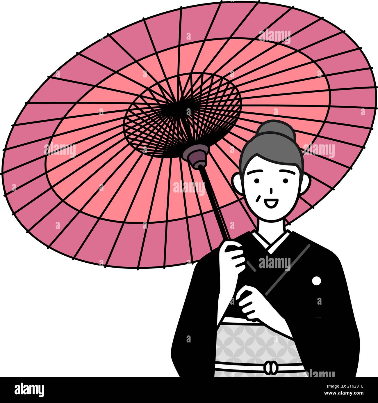 New Year's greeting and weddings, Senior woman in kimono is holding a Japanese umbrella with smile, Vector Illustration Stock Vector