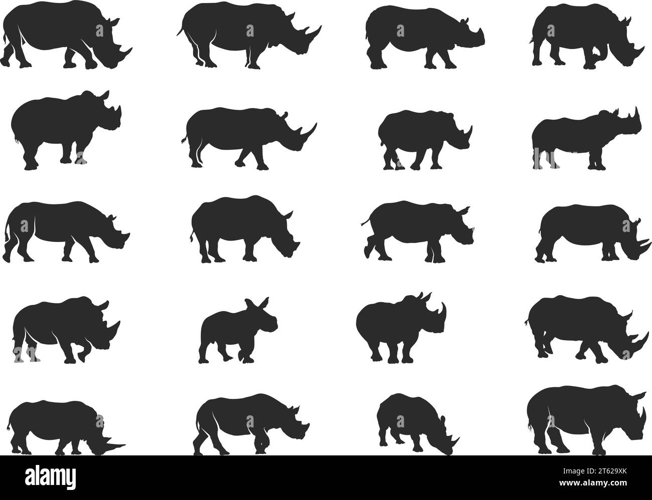 Rhino silhouettes, Rhinos silhouette, Rhino vector illustration, Rhino clipart, Rhino icon bundle Stock Vector