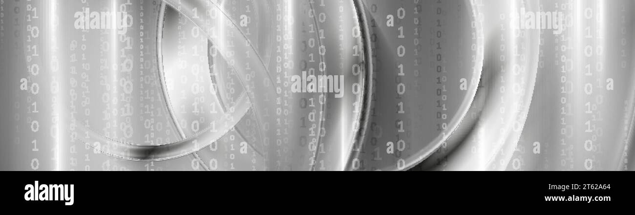 Silver metallic technology abstract banner design with binary code. Futuristic vector background Stock Vector