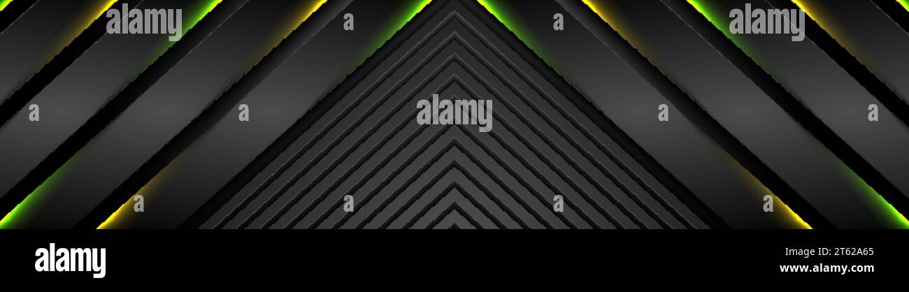 Abstract black stripes with green orange neon glowing light. Vector technology banner design Stock Vector