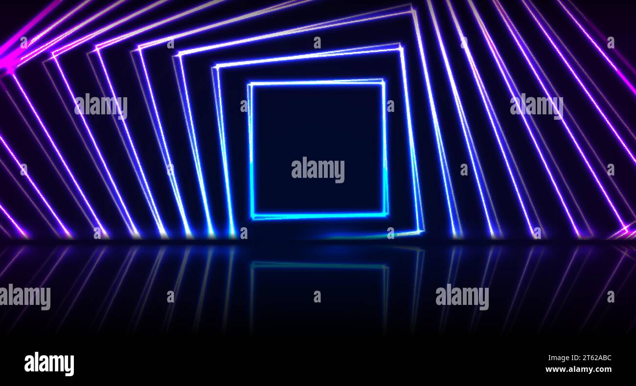 Blue and purple neon laser squares with reflection. Abstract technology ...