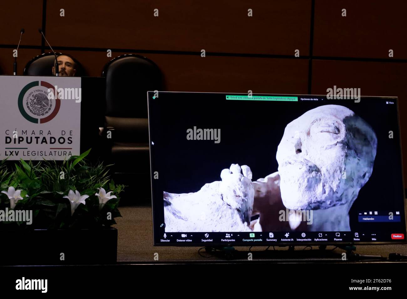 Mexico City, Mexico. 07th Nov, 2023. November 7, 2023, Mexico City, Mexico: Images of non-human bodies investigated by specialists in the UFO phenomenon shown at the Second Mexican Public Hearing on Unidentified Anomalous Phenomena in the Chamber of Deputies in Mexico City. on November 7, 2023 in Mexico City, Mexico (Photo by Luis Barron/Eyepix Group/Sipa USA). Credit: Sipa USA/Alamy Live News Stock Photo