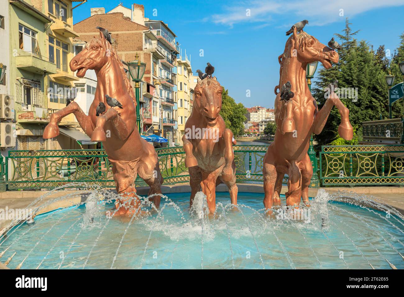 Eskisehir, Turkey - Aug 2, 2023: equestrian sculpture by the Porsuk river of Eskisehir historic district Odunpazari, in Turkey. Stock Photo