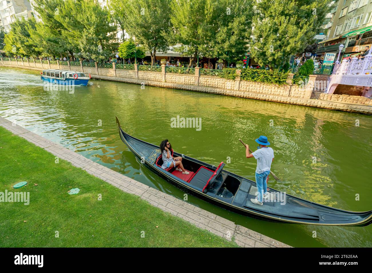 Eskisehir, Turkey - Aug 2, 2023: Exploring Eskisehir's Venetian allure, a gondola tour along the Porsuk River promises an enchanting voyage through Stock Photo