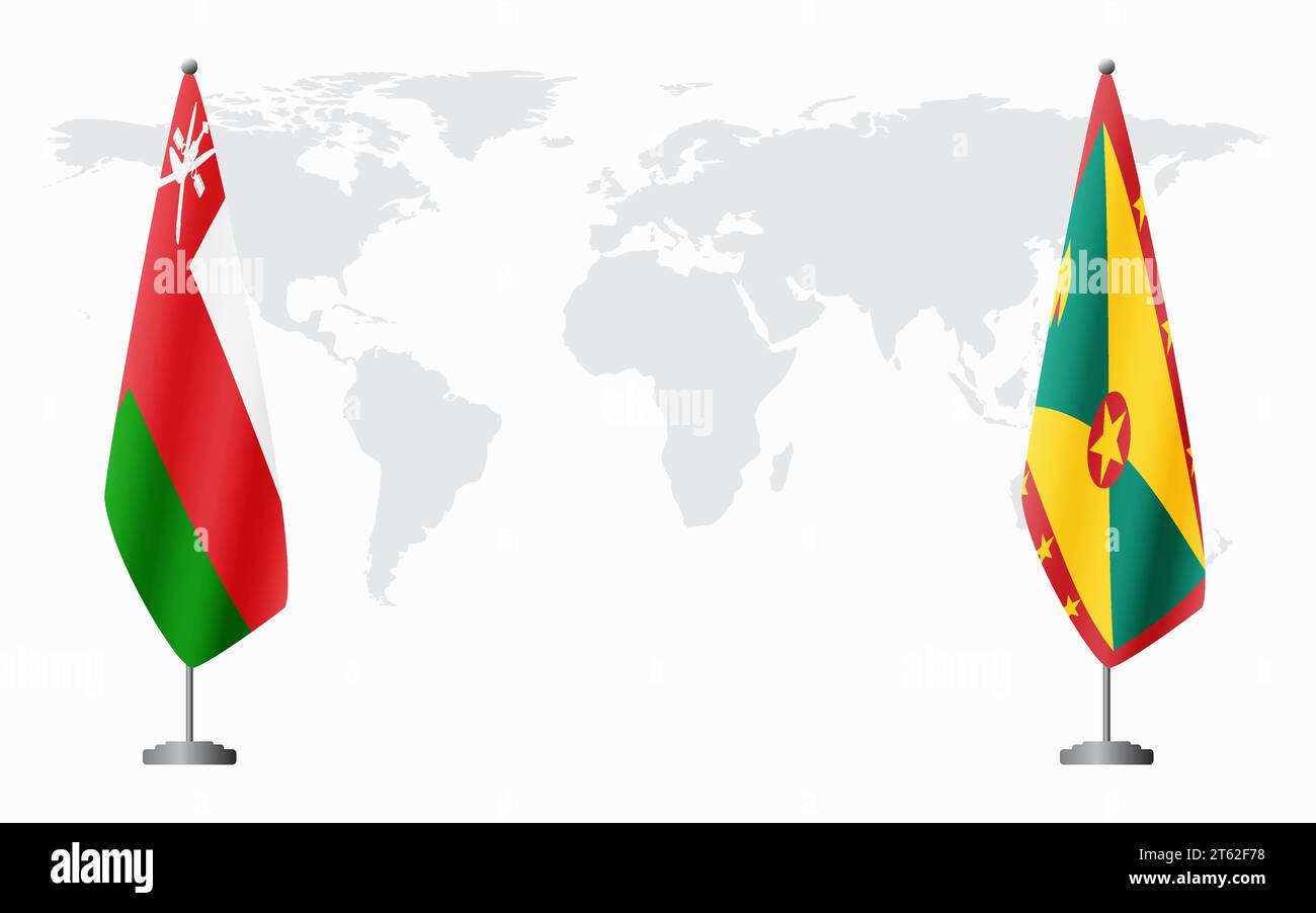 Oman and Grenada flags for official meeting against background of world map. Stock Vector