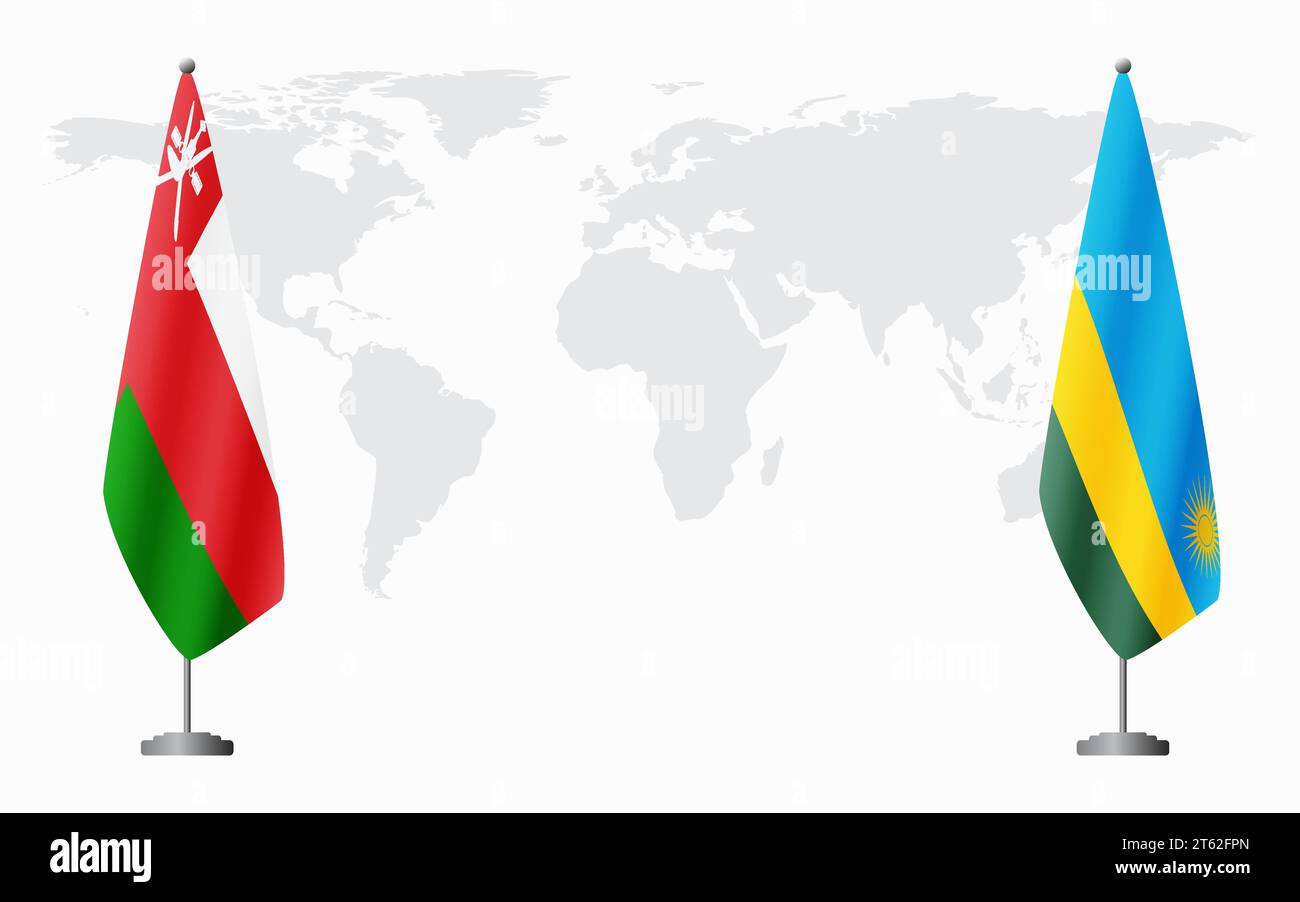 Oman and Rwanda flags for official meeting against background of world map. Stock Vector