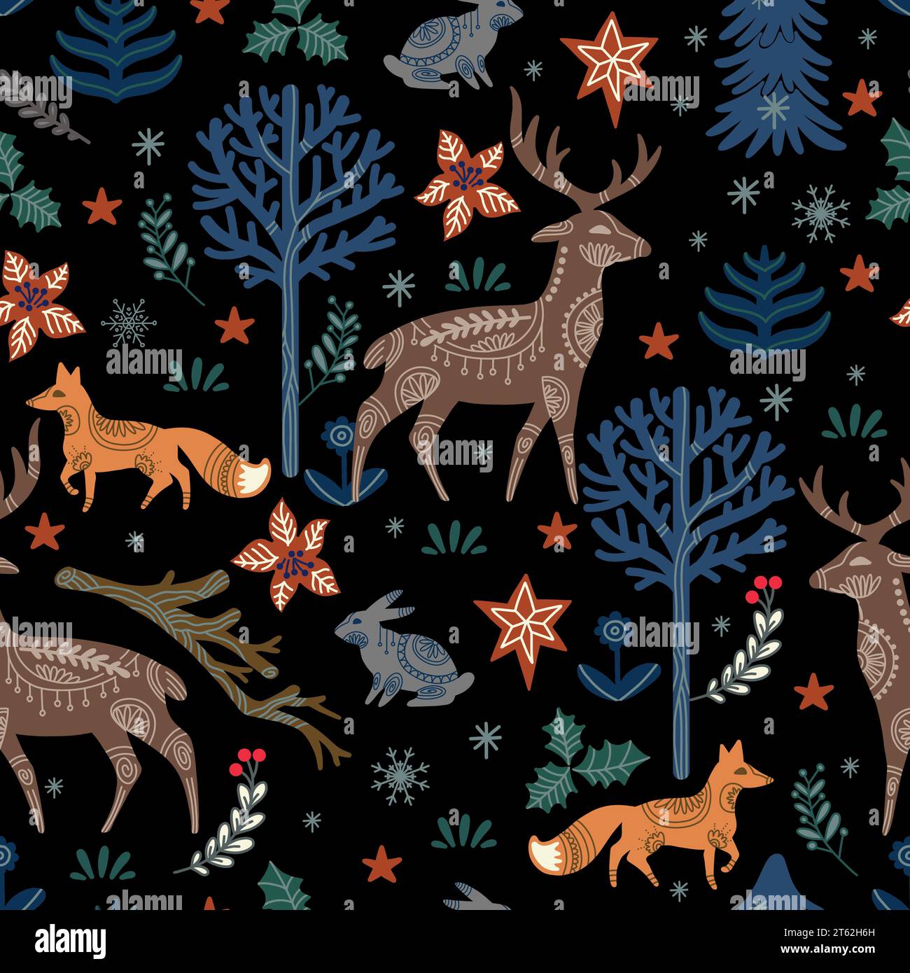 Holiday woodland Seamless pattern with ornate deers, rabbits, foxes ...