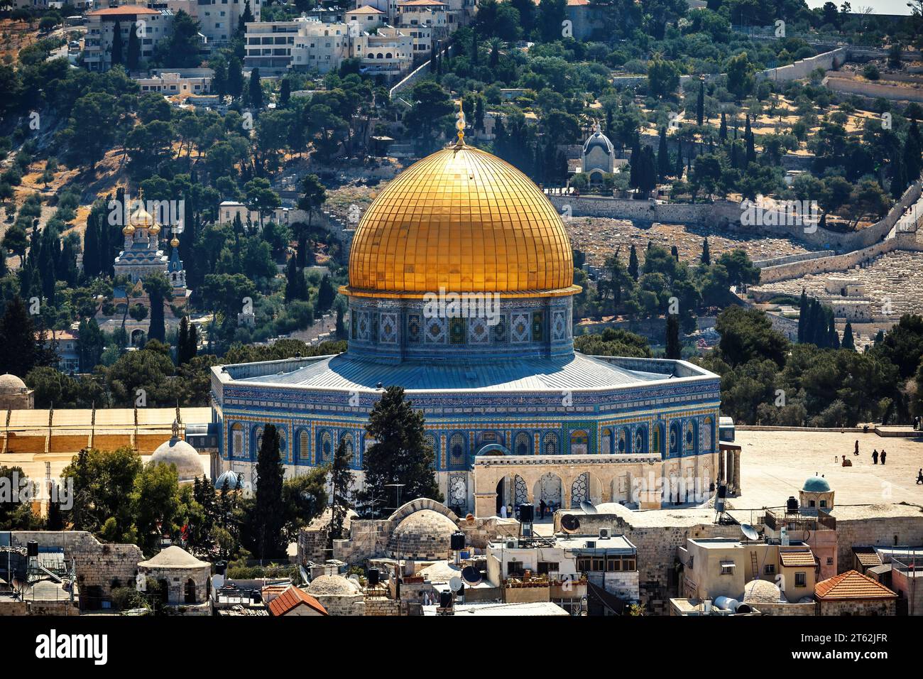 Aerial view of the famous Dome of the Rock on the Temple Mount in Old City of Jerusalem, Israel. Stock Photo