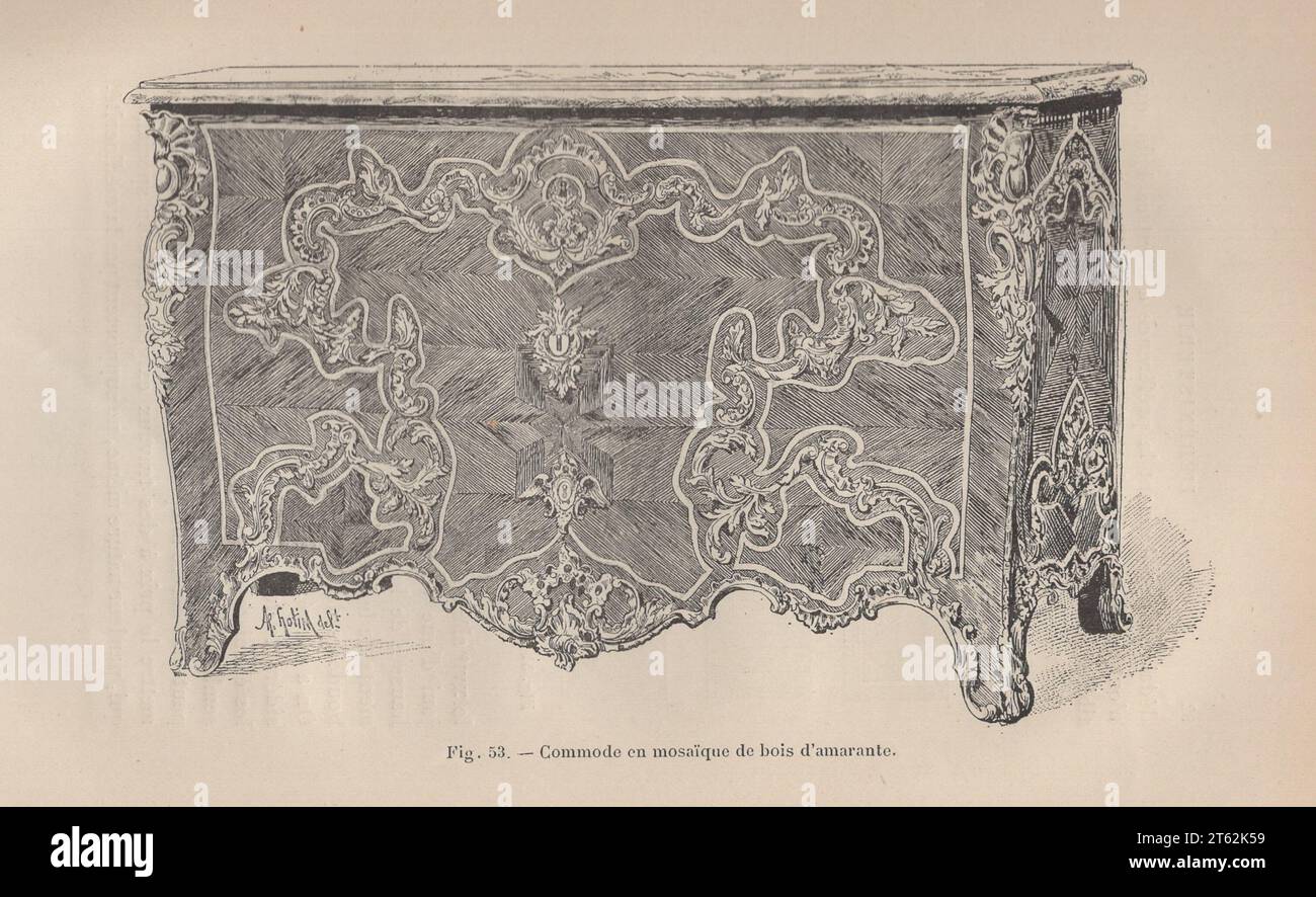 Les Arts de l'Ameublement : L'ebéniestrie par Henry Havard , Paris , Librairie Charles Delagrave 15 rue Soufflot, 15 /antique french 19th century book / Fig. 53.- Commode en mosaique de bois d'amarante / Amaranth wood mosaic chest of drawers Stock Photo