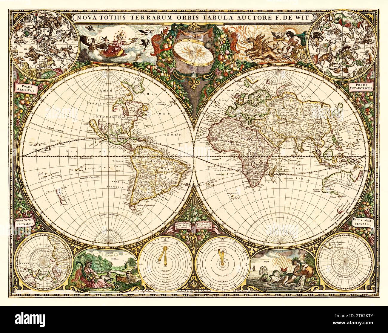 Old planisphere with celestial and geographical polar views and Ptolemaic and Copernican sistems. By De Wit,  publ. in Amsterdam, 1660 Stock Photo