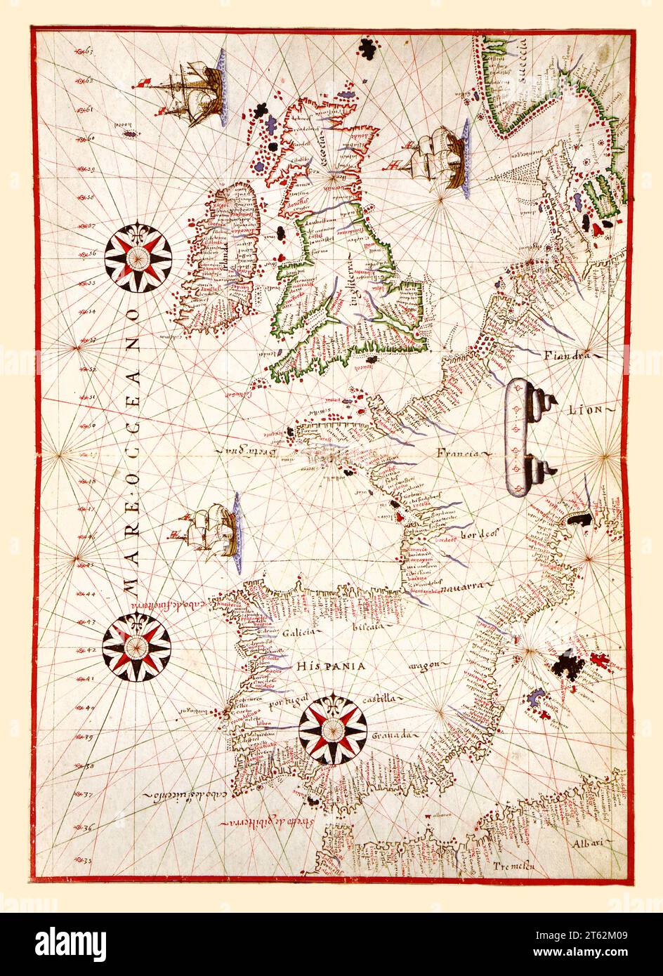 Old portolan chart of  Western Europe. By Oliva, publ. ca. 1590 Stock Photo