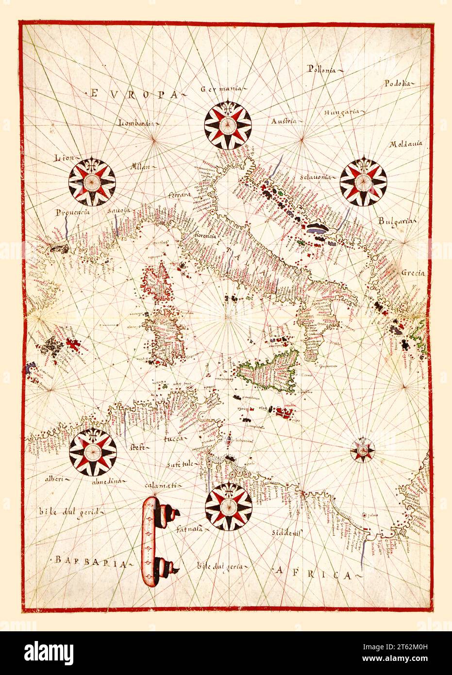 Old portolan chart of  Central Mediterranean. By Oliva, publ. ca. 1590 Stock Photo