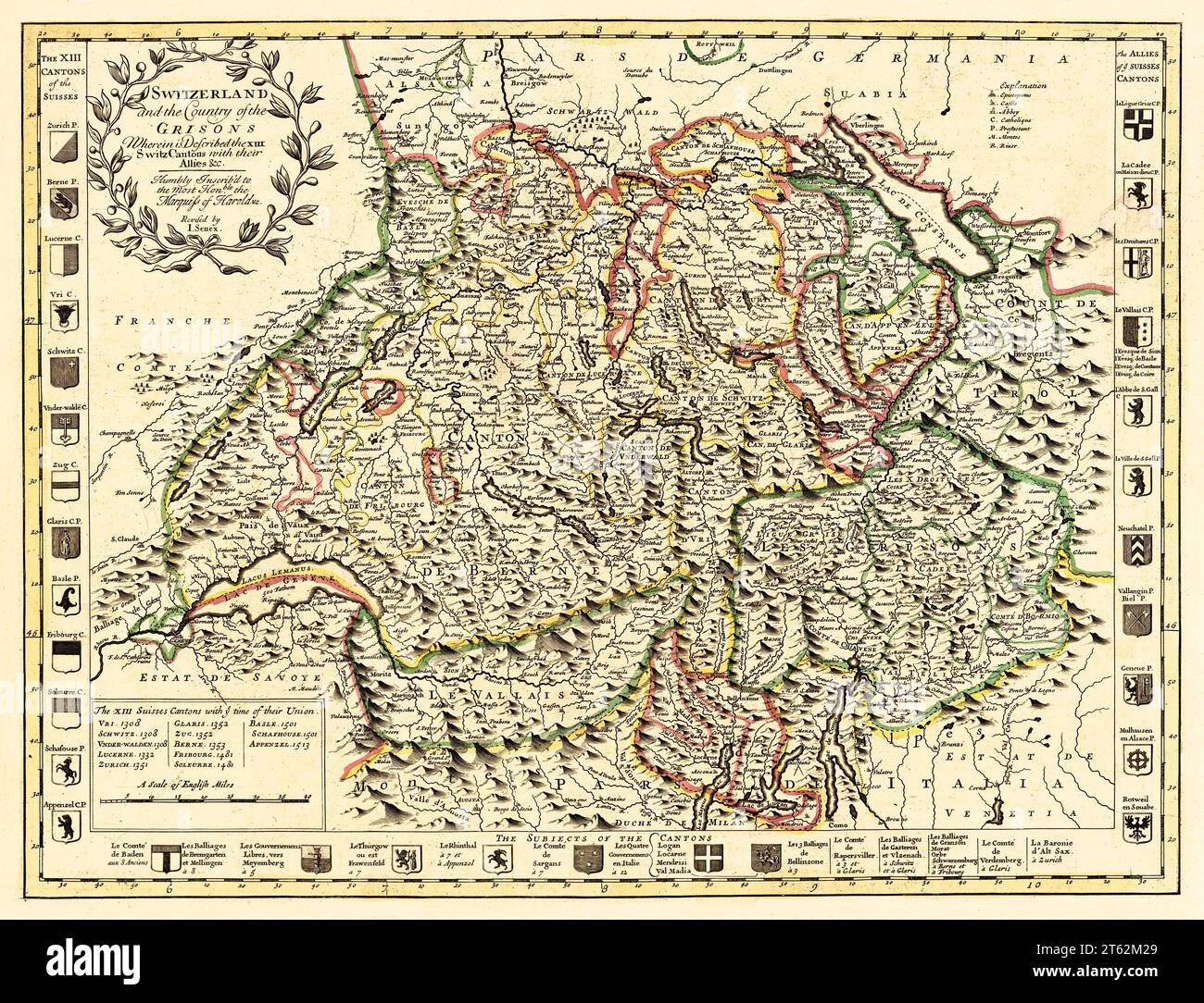 Old map of Switzerland. By Senex, publ. in London, 1721 Stock Photo