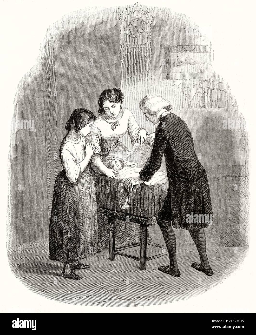 Old illustration of adults taking care of a baby. By Tony Johannot, publ. on Magasin Pittoresque, Paris, 1849 Stock Photo