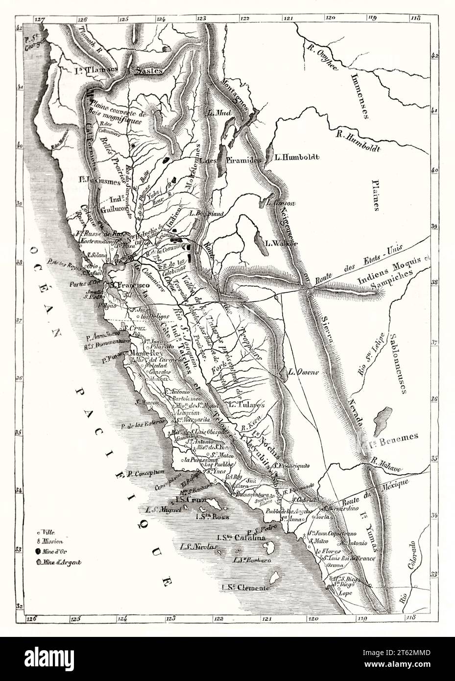 California old map. After De Mofras, publ. on Magasin Pittoresque, Paris, 1849 Stock Photo