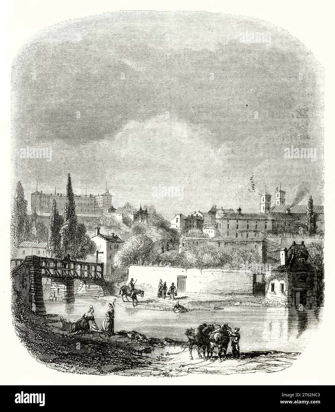 Old view of La Roche-sur-Yon, Vendée, France. By D'Hastrel, publ. on Magasin Pittoresque, Paris, 1849 Stock Photo