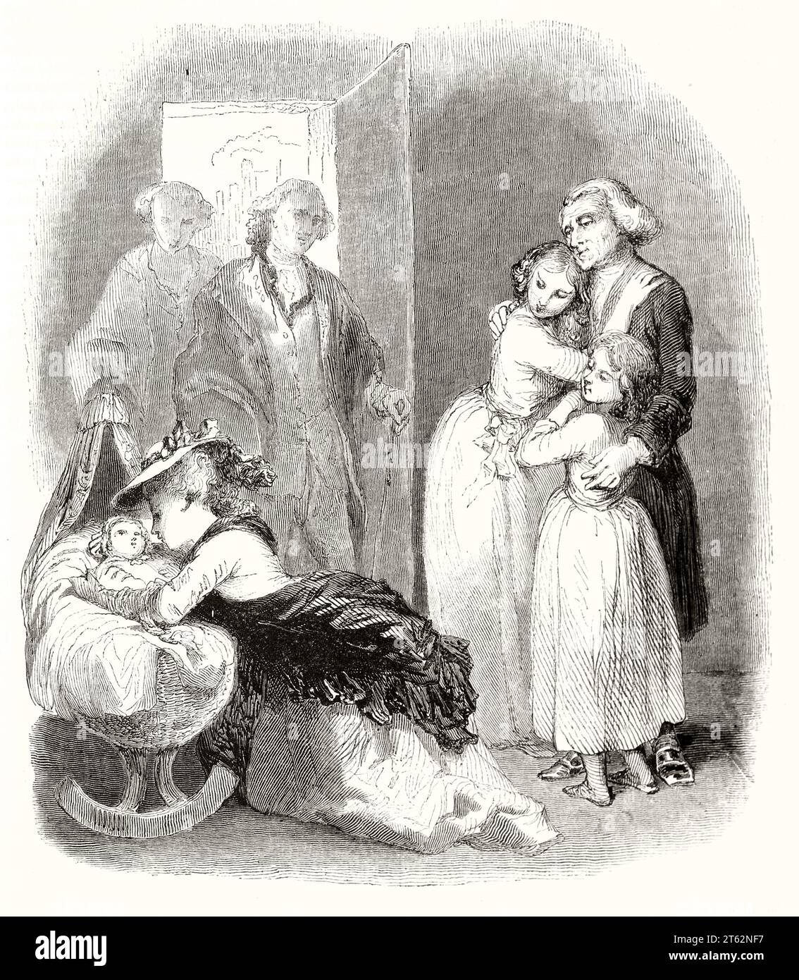 Old illustration of loving woman and baby in the cradle. By Tony Johannot, publ. on Magasin Pittoresque, Paris, 1849 Stock Photo