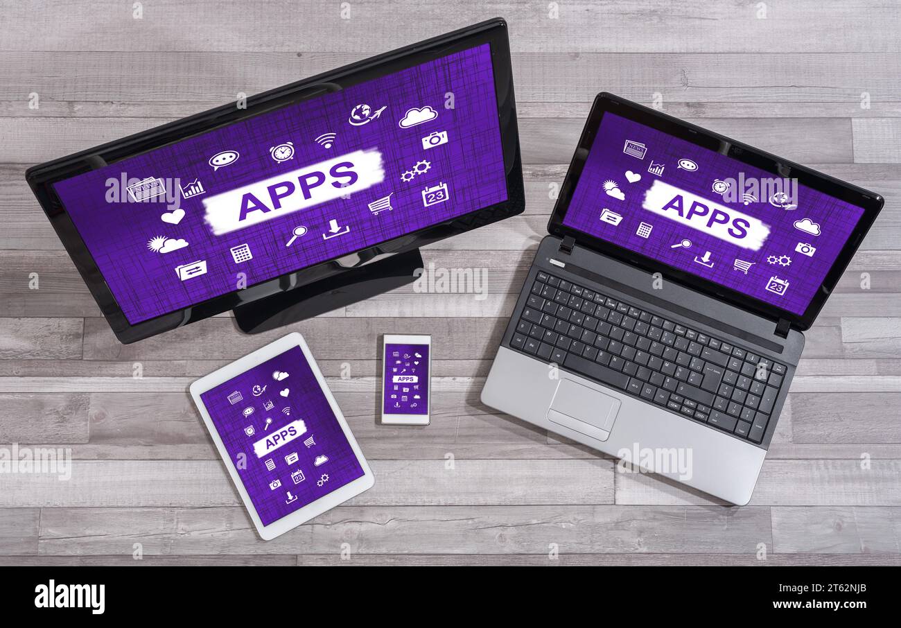 Apps concept shown on different information technology devices Stock Photo